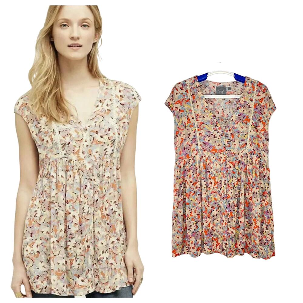 Anthropologie Vanessa Virginia Small Ladder Lace Top Tunic Floral Cream Orange